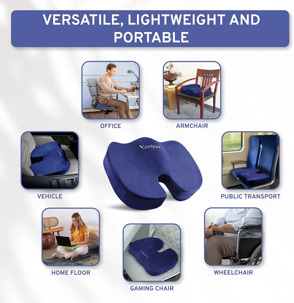 Memory Foam Seat Cushion - Tailbone Pain Relief Cushion, Non-Slip Sciatica Pain Relief Pillow - Cushion for Office Chair, Car, Wheelchair, Computer, Desk Chair - Coccyx, Lower Back Support (Navy)