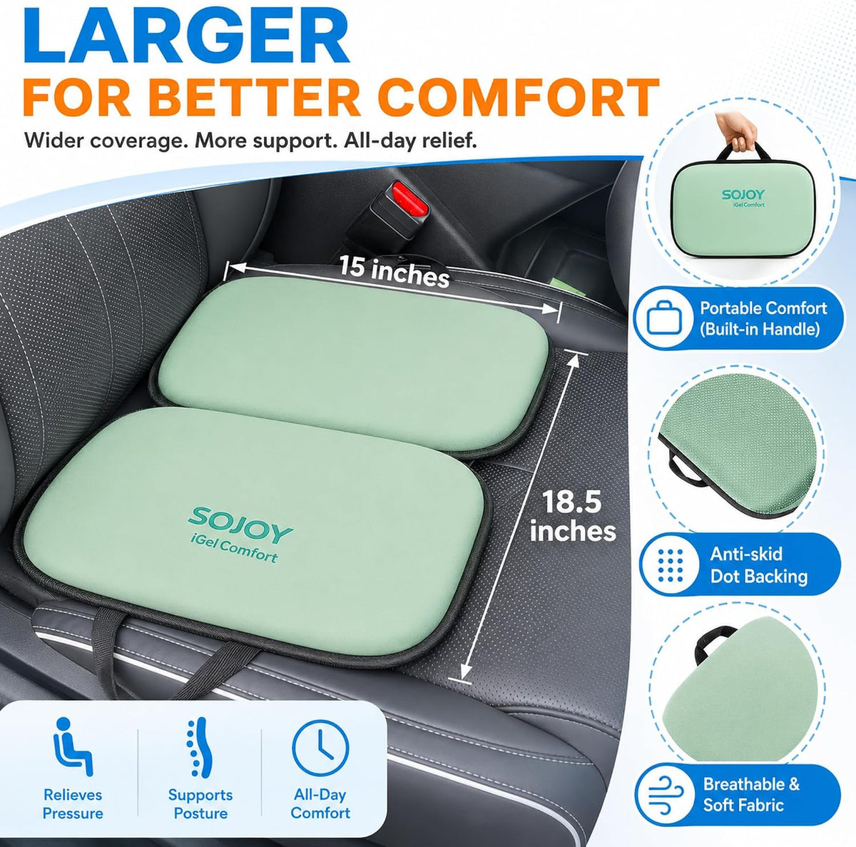 Sojoy iGelComfort 3 in 1 Foldable Gel Seat Cushion Featured with Memory Foam (A Must-Have Travel Cushion! Smart, Easy Travel Cushion) (Size: 18.5“ x 15" x 2")