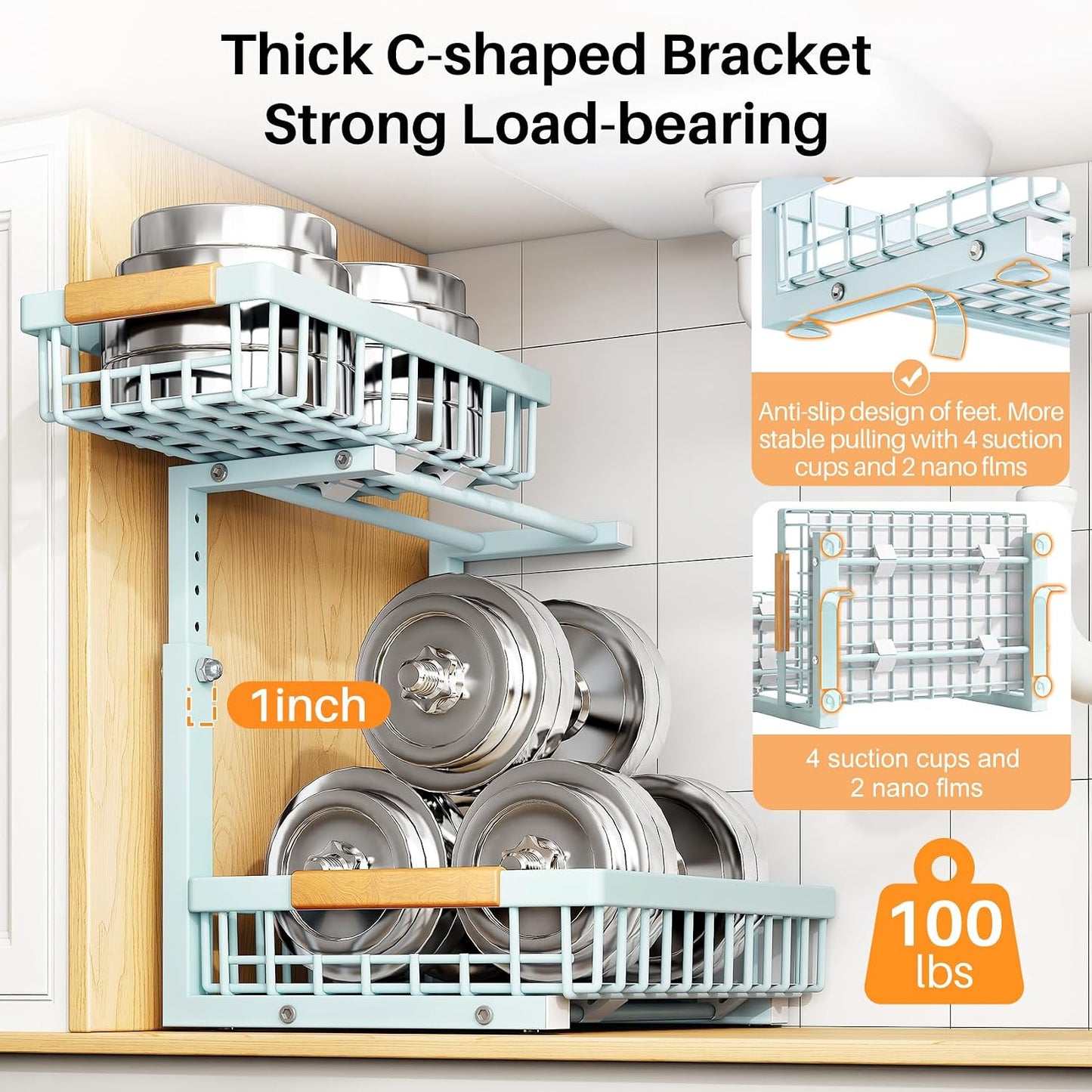PXRACK Under Sink Organizer, Adjustable Height, 2 Tier Pull Out Under Cabinet Organizer, Slide Out Thickened Metal Under Sink Storage for Kitchen Bathroom Laundry Pantry Cabinet, White, Large-2-Pack