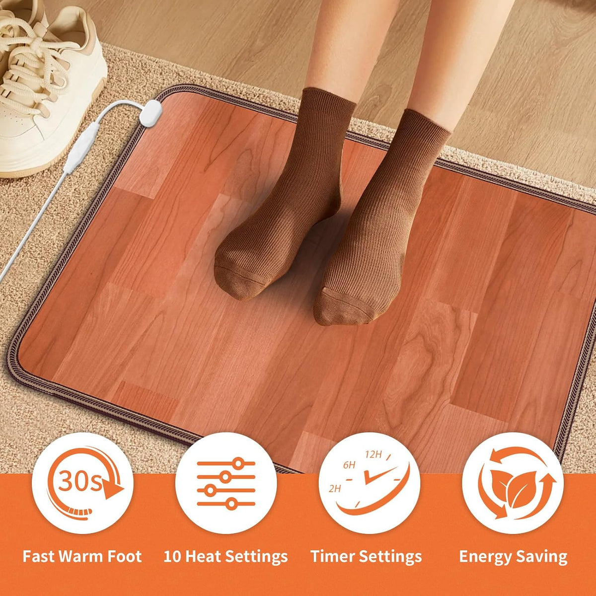 Heated Floor Mat, Foot Warmer Under Desk, Feet Heating Pad with 10 Heat Settings and Timer, Fast Heating for Office, Home, Study Play Room 120V 60W 18.5x14.2 inch SZ