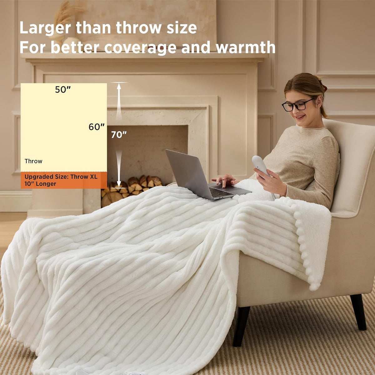 Bedsure Heated Blanket Electric Throw - Thick Striped Fast Heating Electric Blanket with Preheat Function, 6 Heat & 6 Timer (Up to 10H), 8H Auto Off, ETL Certified, Gifts for Women (50"x60", White)