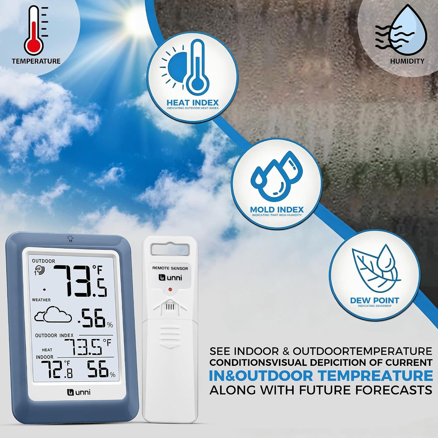 Indoor Outdoor Thermometer Hygrometer Wireless Weather Station, Temperature Humidity Monitor Battery Powered Inside Outside Thermometers with 330ft Range Remote Sensor and Backlight Display