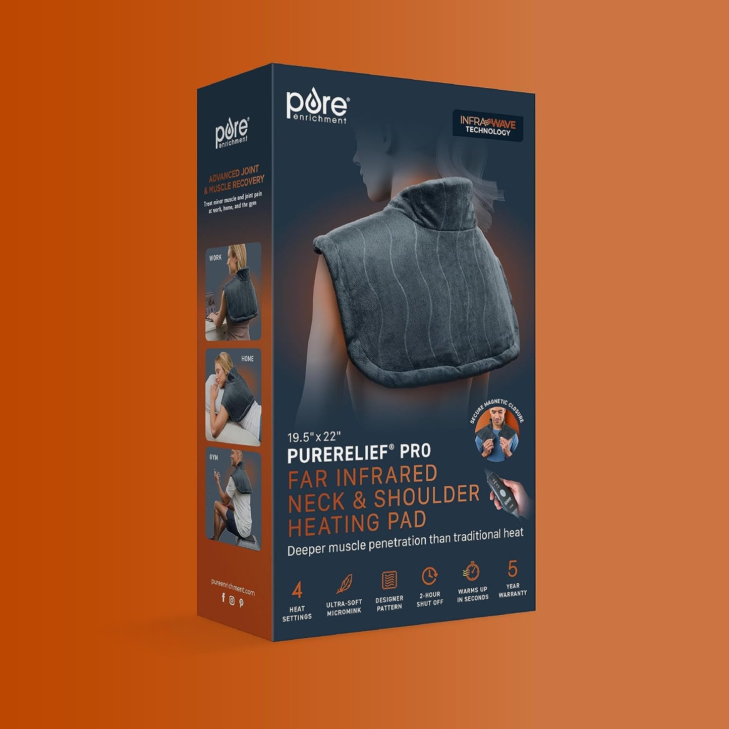 Pure Enrichment PureRelief Pro Far Infrared Neck & Shoulder Heating Pad - Deeper Muscle Relief, 4 Heat Settings, Auto Shut-Off, Universal Fit, Magnetic Closure, Dry/Moist Heat, Machine Washable