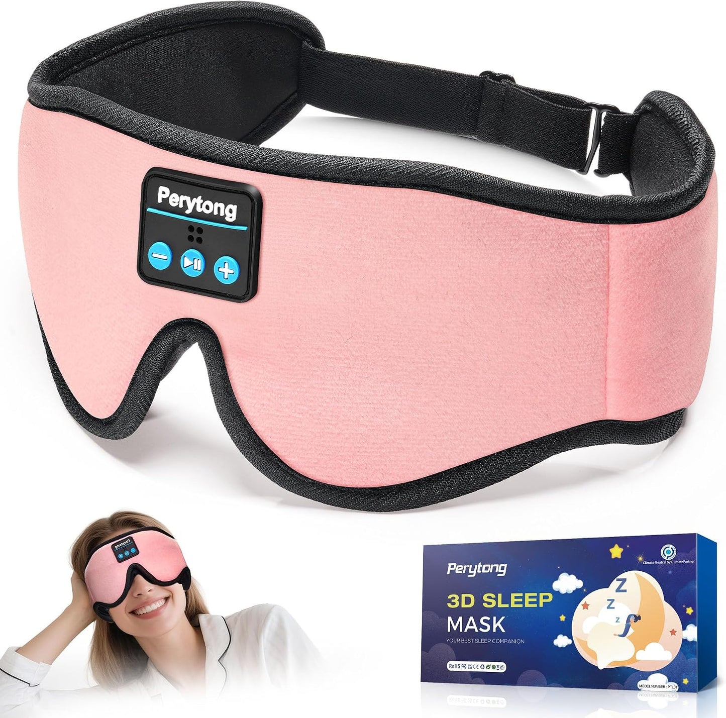 Perytong Sleep Mask with Bluetooth 5.4 Headphones, Wireless Music Sleep Eye Mask for Side Sleepers, 3D Contoured Comfort & Built-in HD Stereo Earphones, Blackout for Travel (Peach Pink)