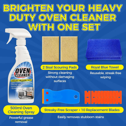 Oven Cleaner Heavy Duty 500ml, Complete Oven Cleaner Non Toxic Fume Free with Non-Scratch Scraper, Cloth, Easy Deep Clean for Racks, Grills, BBQ, Air Fryers, Kitchens, Outdoor and Vehicles