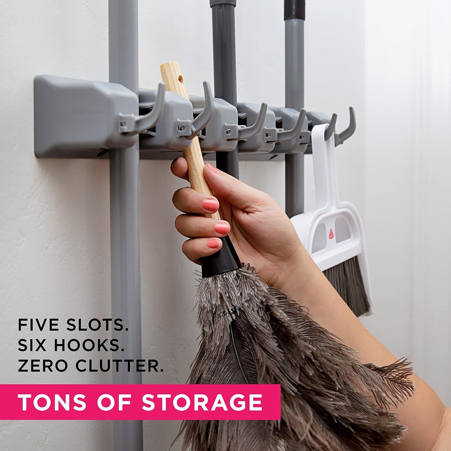 Broom Holder Wall Mount, Broom and Mop Organizer Wall Hanging Rack & Hanger | (Black) Broom Hanger Wall Mount, Mop and Broom Holder Wall Mount, Mop Holder, Hanger for Brooms and Mops, 5 Slots 6 Hooks