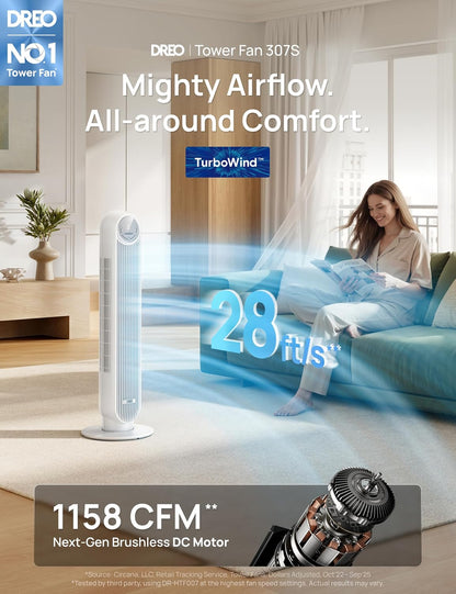 DREO Tower Fan for Bedroom, Upgraded 20dB Quiet Fans that Blow Cold Air | 28ft/s High Velocity, 9 Speeds, 4 Modes, 12H Timer, 90° Oscillating Cooling Standing Fan for Indoor Home Office, 42 inch