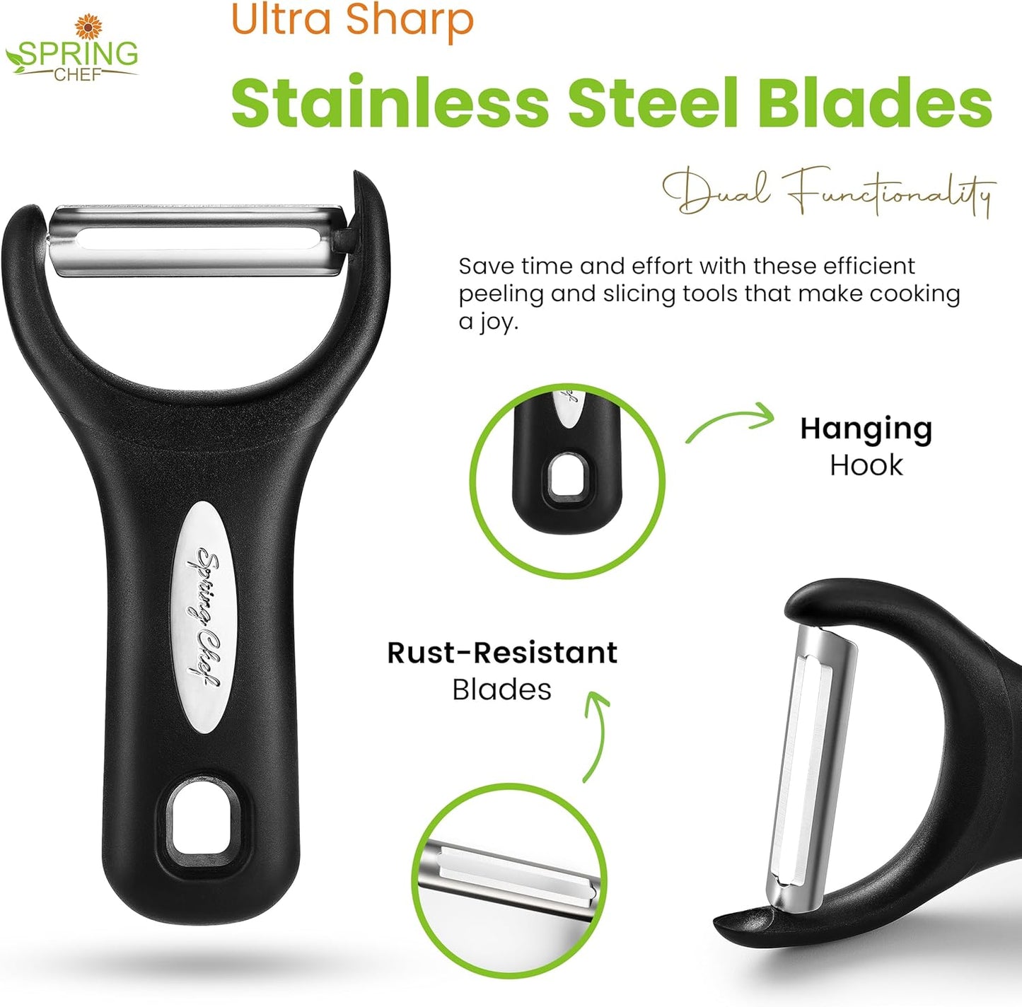 Spring Chef 3pcs Vegetable Peelers for Kitchen, Swivel, Y & Julienne Peeler | Premium Stainless Steel Potato Peelers with Soft Grip Handles, Ultra Sharp Blades for Fruits, Veggies, Apples, Carrots
