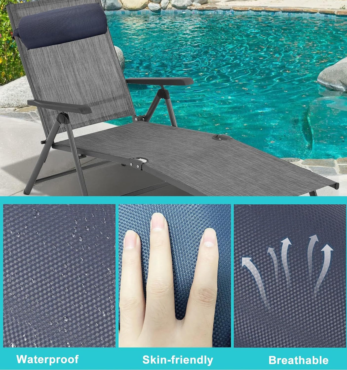 Headrest Pillow for Recliners, Zero Gravity Chair Replacement Pillows with Strap, Large 16.2" Length Outdoor Chaise Lounge Chair Cushion for Neck Lumbar Support, Black
