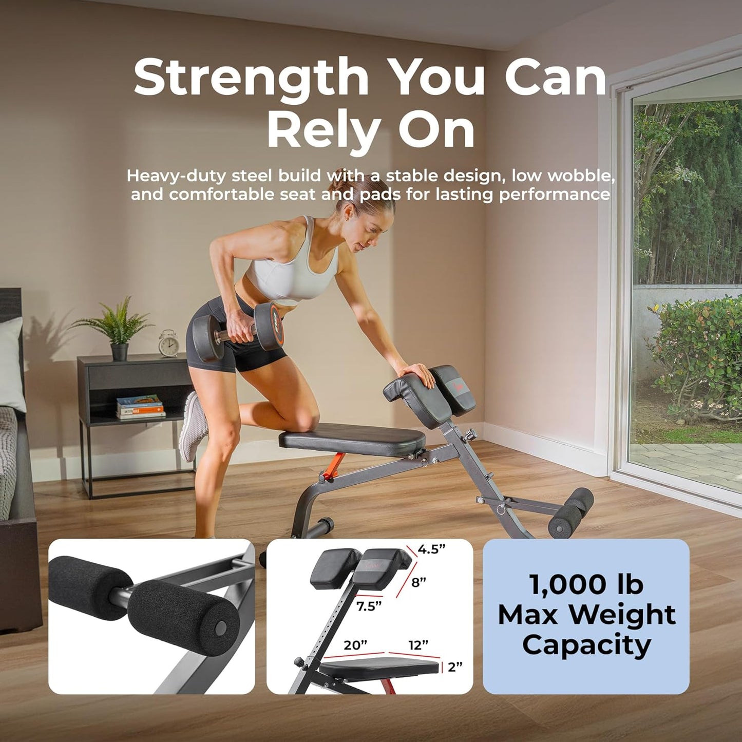Sunny Health & Fitness Multi-Function Roman Chair | Adjustable Height, Folds Flat for Storage, Built in Dip Station, Targets Back, Abs & Core, Crunches & Back Extensions