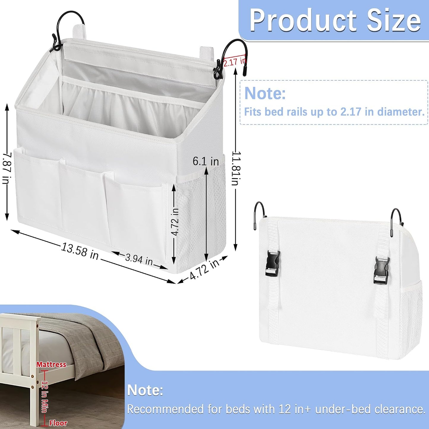Loghot Bedside Caddy Organizer Bed Storage Bag for Dorm Hospital Crib White | 7 pockets bedside hanging organizer for phone books remotes, fits dorm hospital crib bunk beds, keeps organized easy access