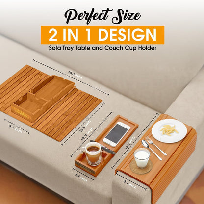 Bamboo Couch Cup Holder, 2 Cork Coasters, Anti-Slip Foldable Couch Arm Tray | 2 in 1 Foldable Sofa Arm Tray, Couch Armrest Table, Anti-Spill Couch Arm Table for Drinks TV Remote Cellphone Snacks