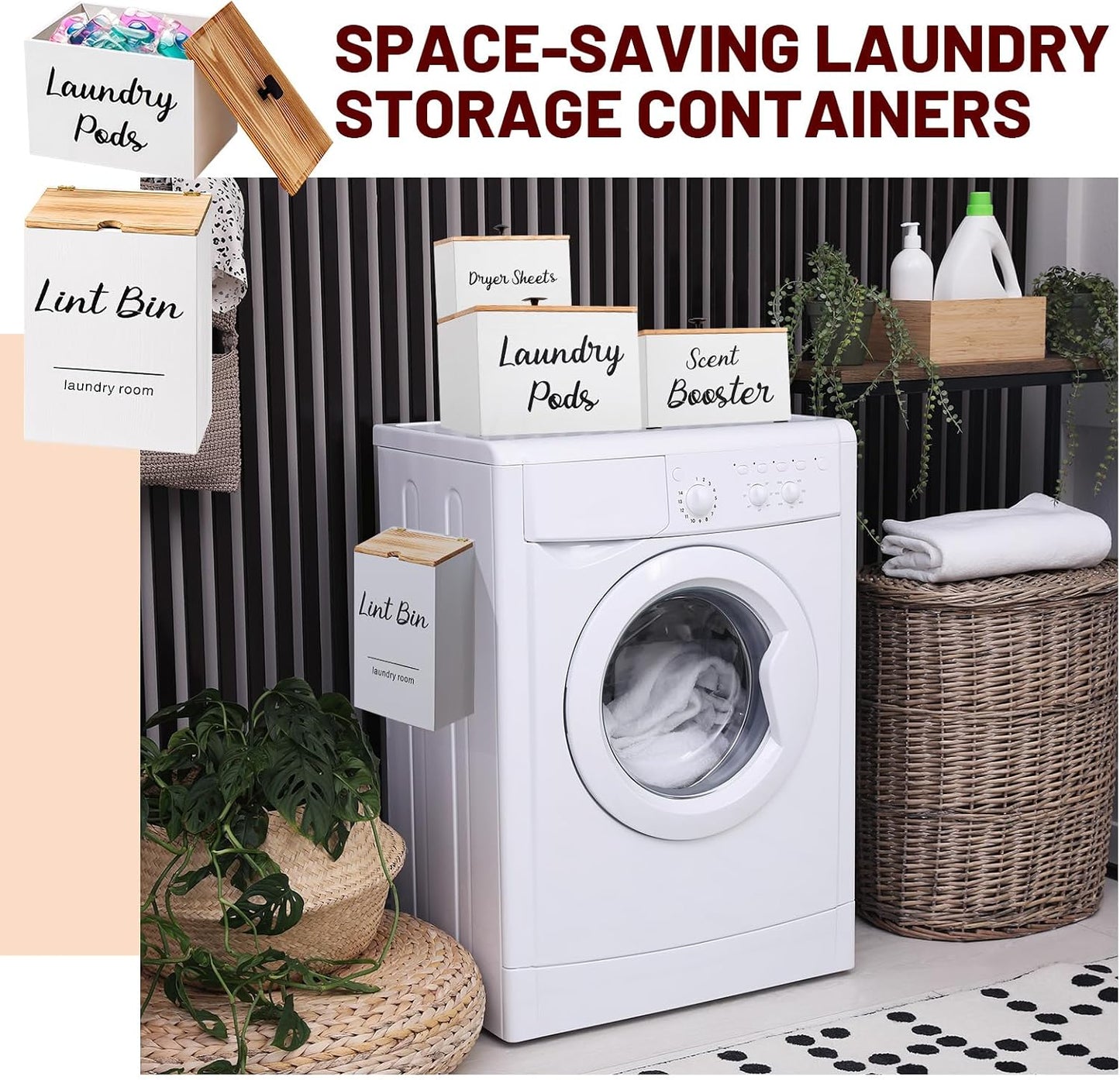 4 Pcs Magnetic Laundry Pod Holder Laundry Room Container Set, Lint Bin with Scoop and Brush Dryer Sheet Holder, Scent Booster Container Rustic Gift Wood Farmhouse Room Decorcontainer(Black)