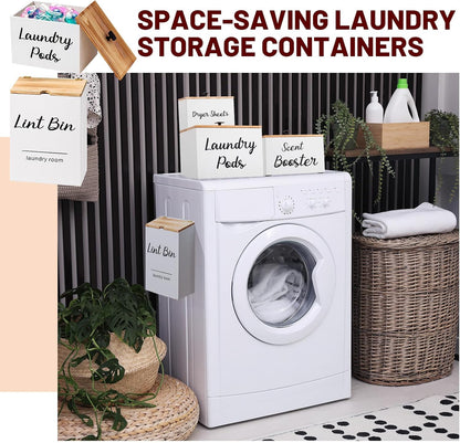 4 Pcs Magnetic Laundry Pod Holder Laundry Room Container Set, Lint Bin with Scoop and Brush Dryer Sheet Holder, Scent Booster Container Rustic Gift Wood Farmhouse Room Decorcontainer(Black)
