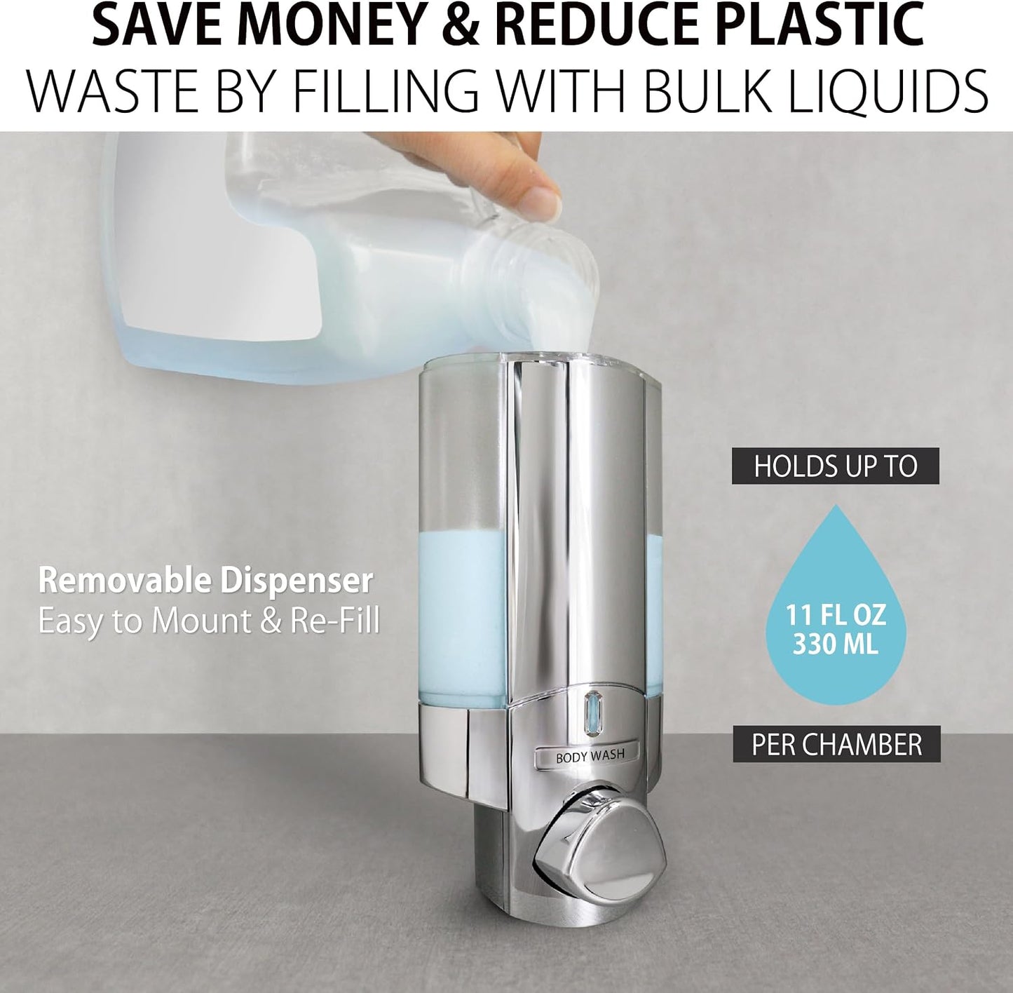 Better Living Aviva Wall Mount Shower Dispenser, 3 x 11 oz, Satin Silver | 3 Chamber, Shower Dispenser for Bathroom, Built-in Hooks, No Drill, Waterproof Dispenser Pump