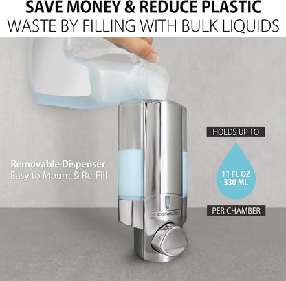 Better Living Aviva Wall Mount Shower Dispenser, 3 x 11 oz, Satin Silver | 3 Chamber, Shower Dispenser for Bathroom, Built-in Hooks, No Drill, Waterproof Dispenser Pump