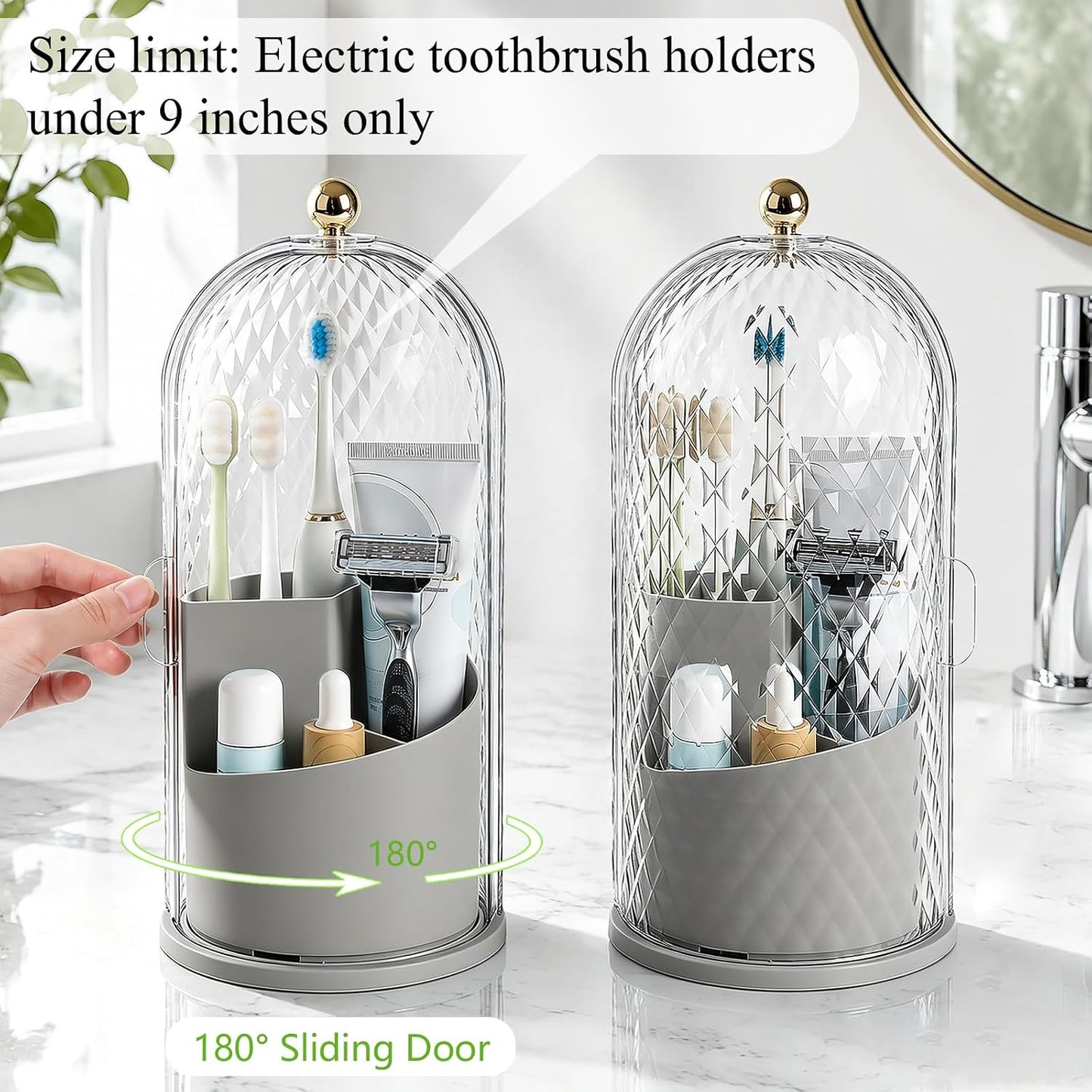Toothbrush Holder with Cover for Bathroom Countertop, Organizer, White | Rotating 3 Slot Holder for Electric Toothbrushes, Toothpaste, Self Draining Vanity Organizer, Makeup Brush Storage
