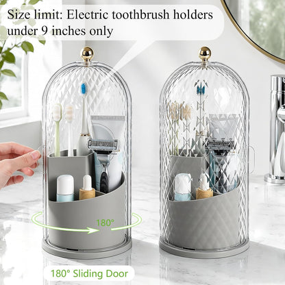 Toothbrush Holder with Cover for Bathroom Countertop, Organizer, White | Rotating 3 Slot Holder for Electric Toothbrushes, Toothpaste, Self Draining Vanity Organizer, Makeup Brush Storage