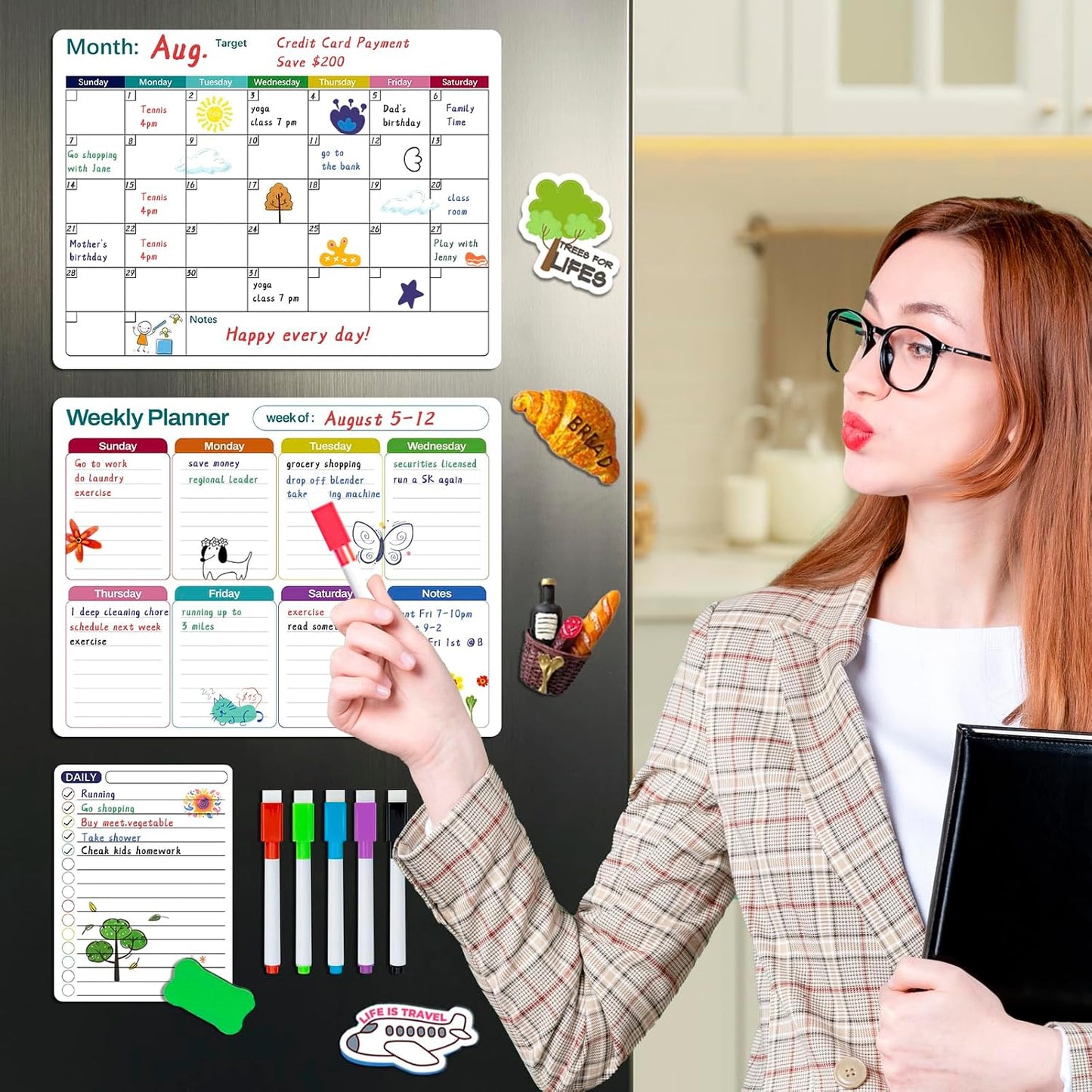 Magnetic White Board Calendar Dry Erase for Fridge | 14.6" x 11" Reusable Refrigerator Calendar for Fridge & Wall, Easy to Clean, Schedule Organizer, with 5 Markers and Eraser