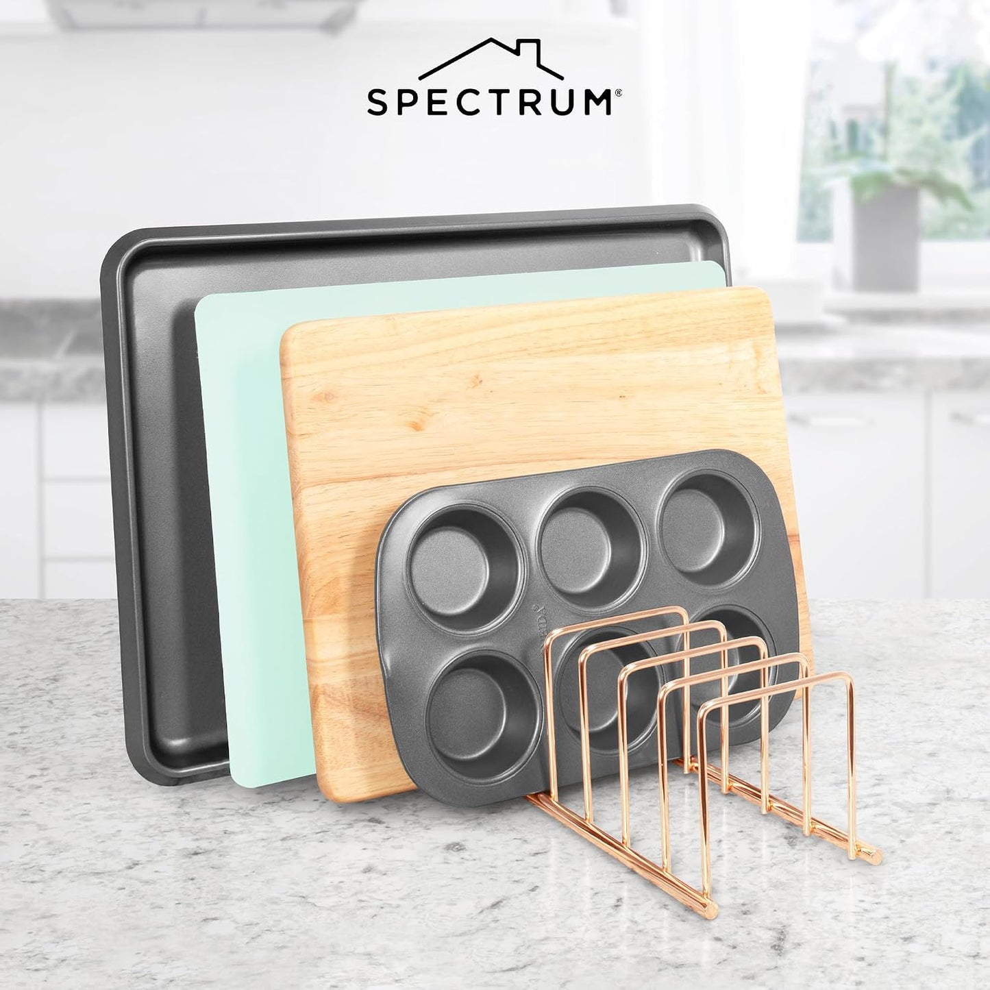 Spectrum Euro Kitchen Organizer Metal Dish Rack Cutting Board Holder Stand for Countertop or Inside Cabinet Organization, 8 Slot Cutting Board Plate Drying Rack for Bakeware Storage, Satin Nickel