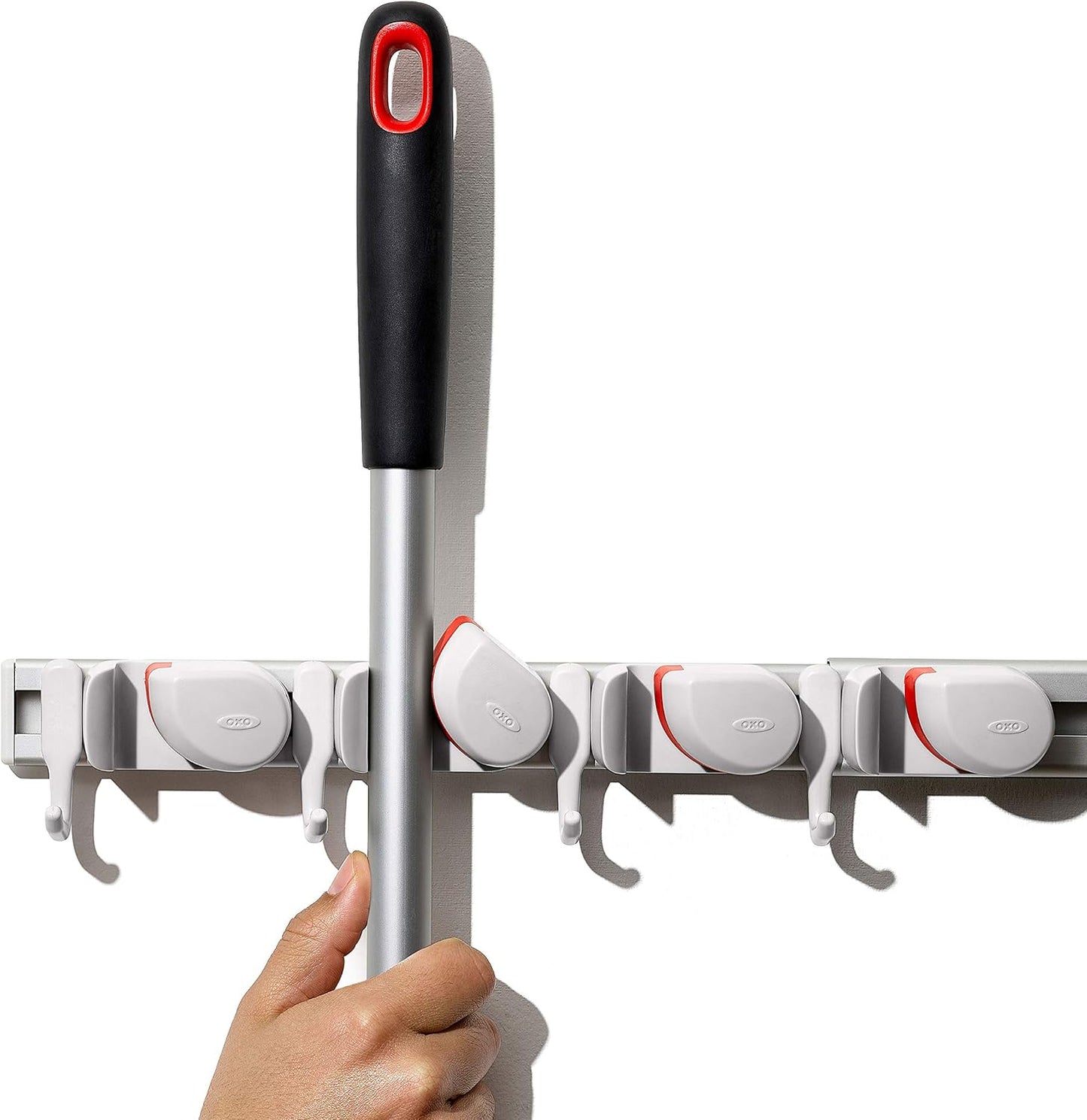 OXO Good Grips Wall-Mounted Mop and Broom Organizer | Customizable Organization, Holds Up to 5 Tools, Ideal for Garage, Mudroom, or Utility Storage