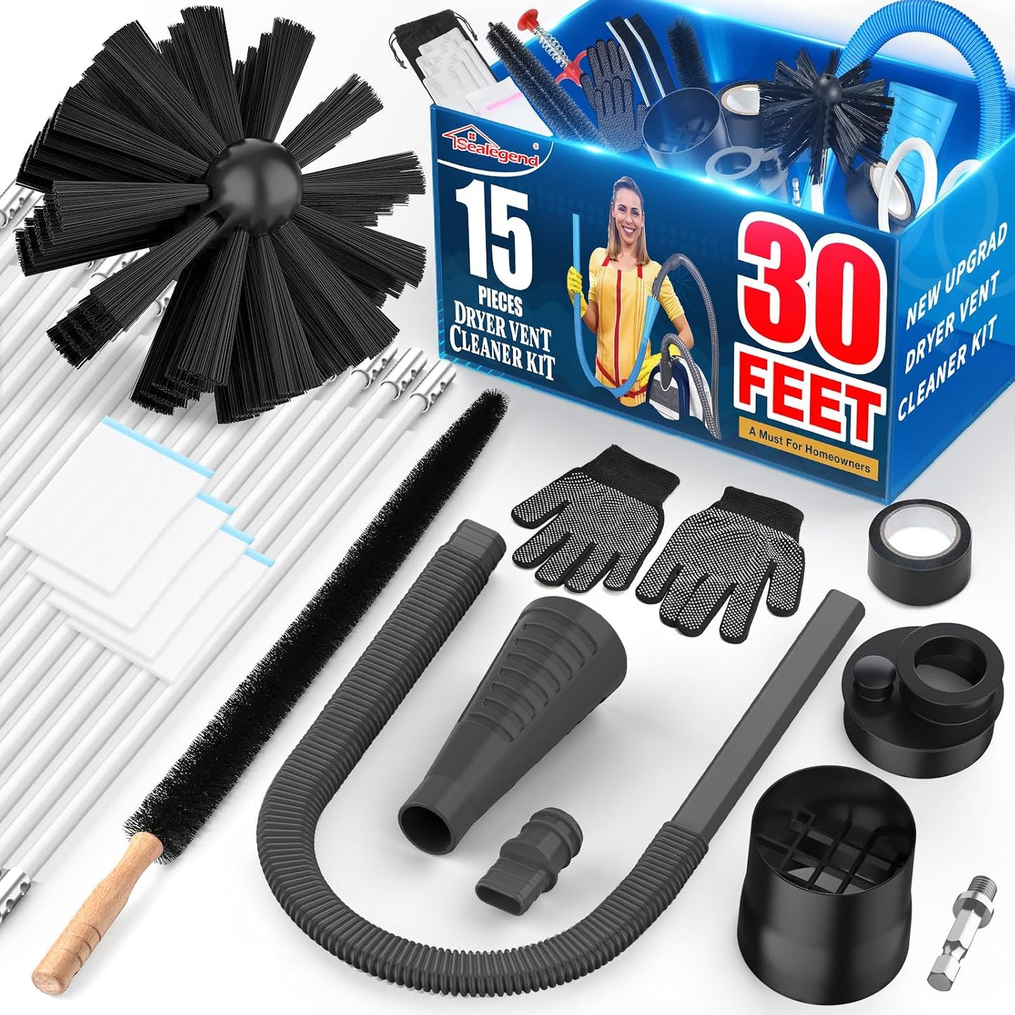 Sealegend 15-Piece 25-Feet Dryer Vent Cleaner Kit, Dryer Cleaning Tools, Omnidirectional Dryer Lint Vacuum Attachment, Dryer Vent Brush, Universal Vacuum & Dryer Adapters (Blue) | Omnidirectional Blue Dryer Lint Vacuum Attachment & Lint Trap Brush Clean