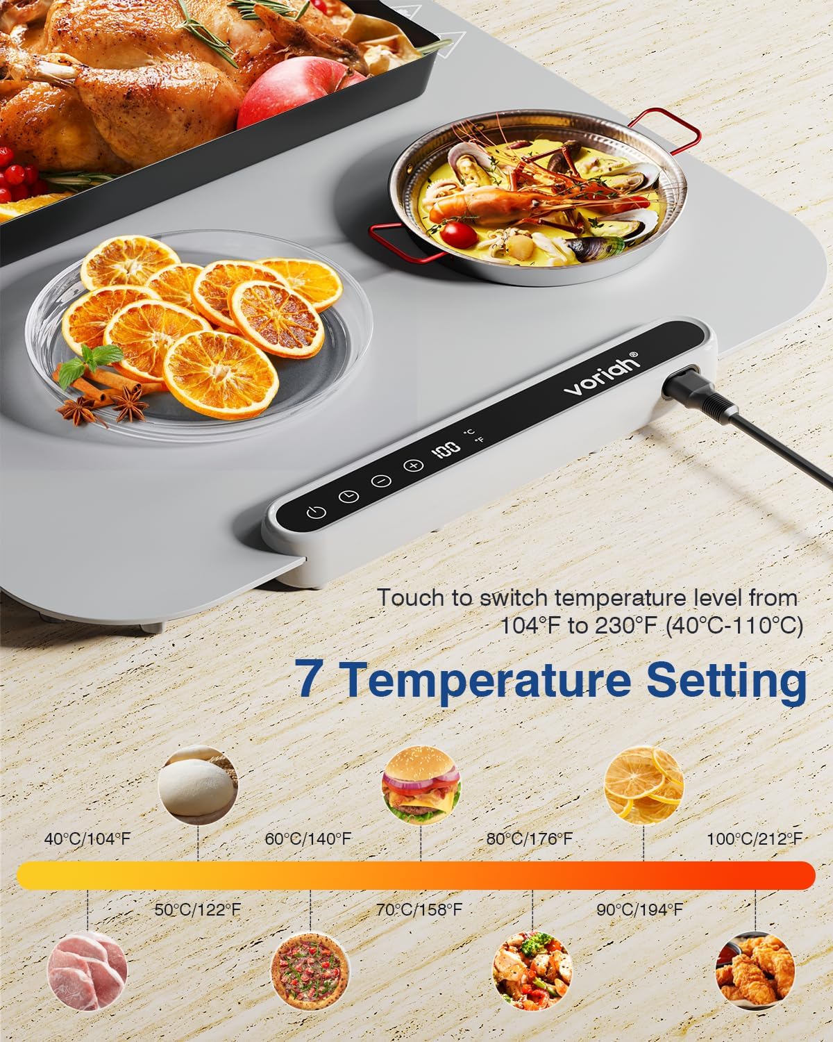 Warming Mat for Food, Voriah Electric Warming Tray with 3 Temp Settings & Auto Shut-Off, Food Warmer with Thick Silicone Surface to Keep Food Warm at Buffet, Parties, and Family Use（Dark Blue）