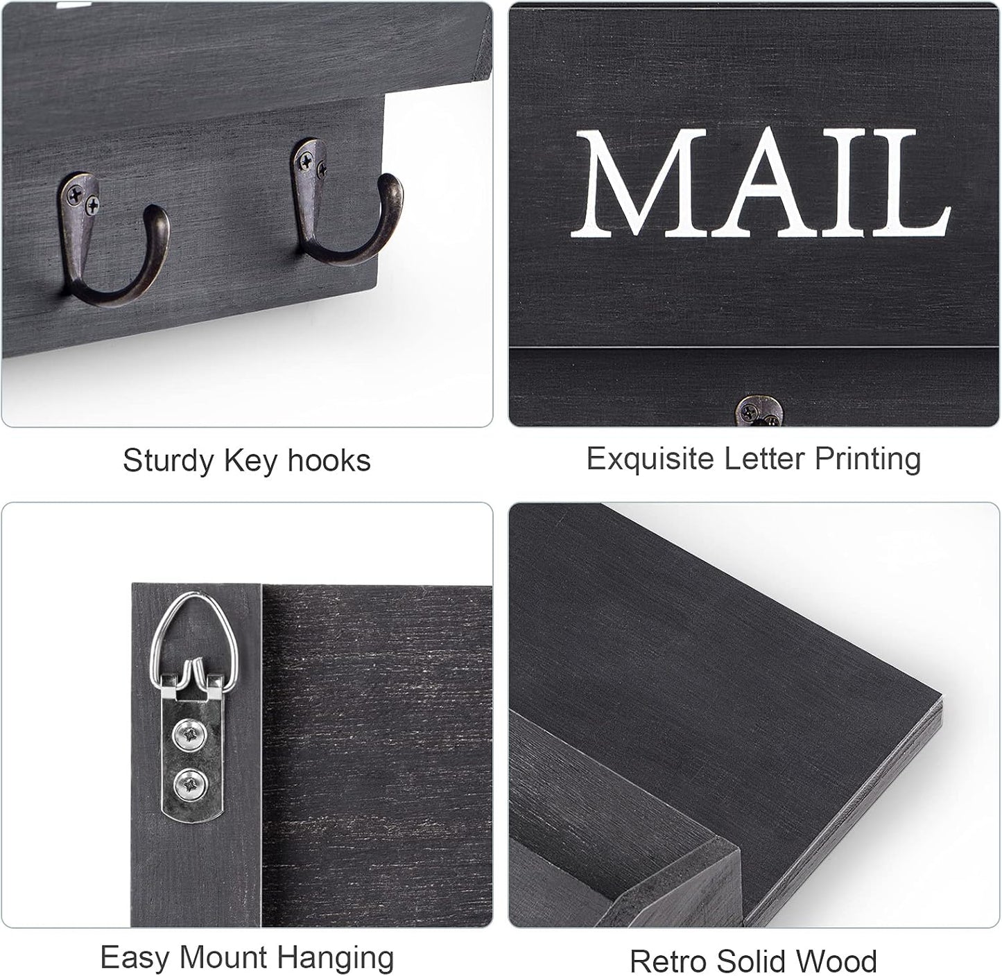 DLQuarts Solid Wood Mail Organizer with Key Holder for Wall, Mail Sorter Wall Mounted, Decorative Wooden Key and Mail Holder with 3 Hooks, White