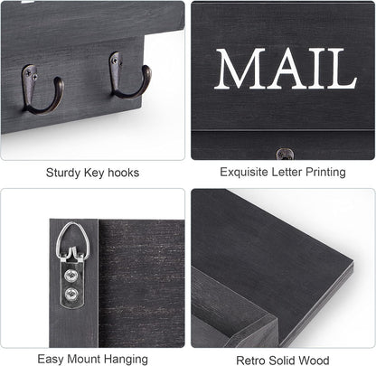 DLQuarts Solid Wood Mail Organizer with Key Holder for Wall, Mail Sorter Wall Mounted, Decorative Wooden Key and Mail Holder with 3 Hooks, White