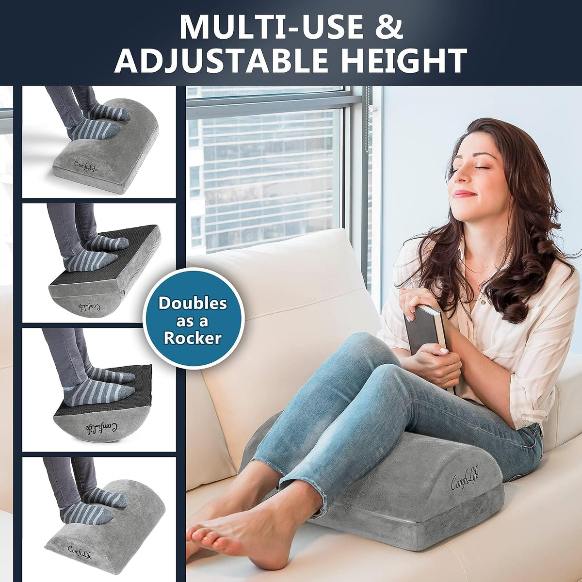 ComfiLife Foot Rest for Under Desk at Work – Adjustable Height Memory Foam Foot Stool for Under Desk, Office Chair & Gaming Chair – Ergonomic Footrest for Back & Hip Pain Relief (Black)