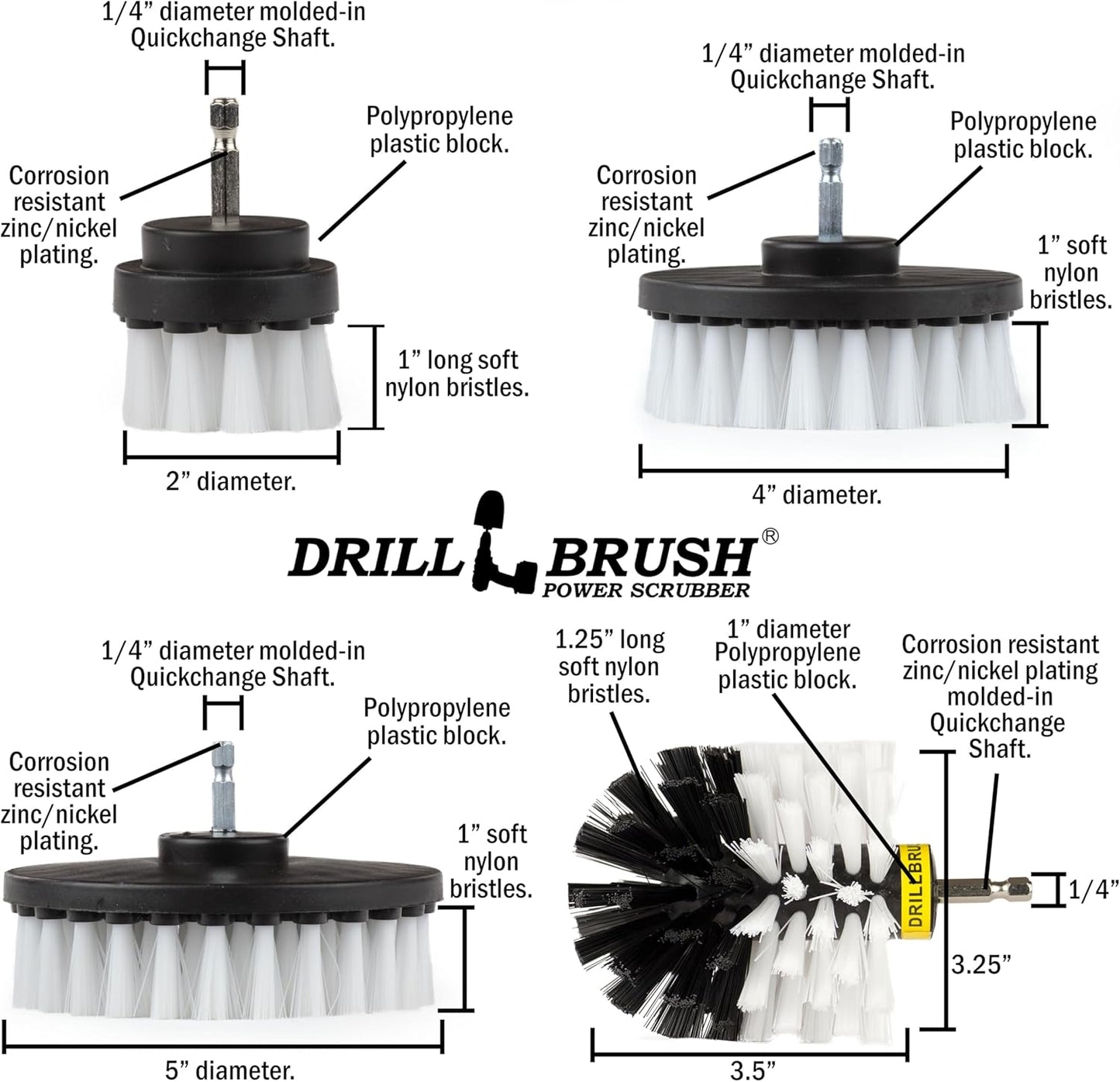 Drillbrush Electric Nylon Drill Brush Attachment Set for Bathroom Cleaning | Power Scrubber Brush Kit for Bathtub, Shower & Tile - Grout Cleaner Kit - All-Purpose Household Cleaning Brushes for Drill