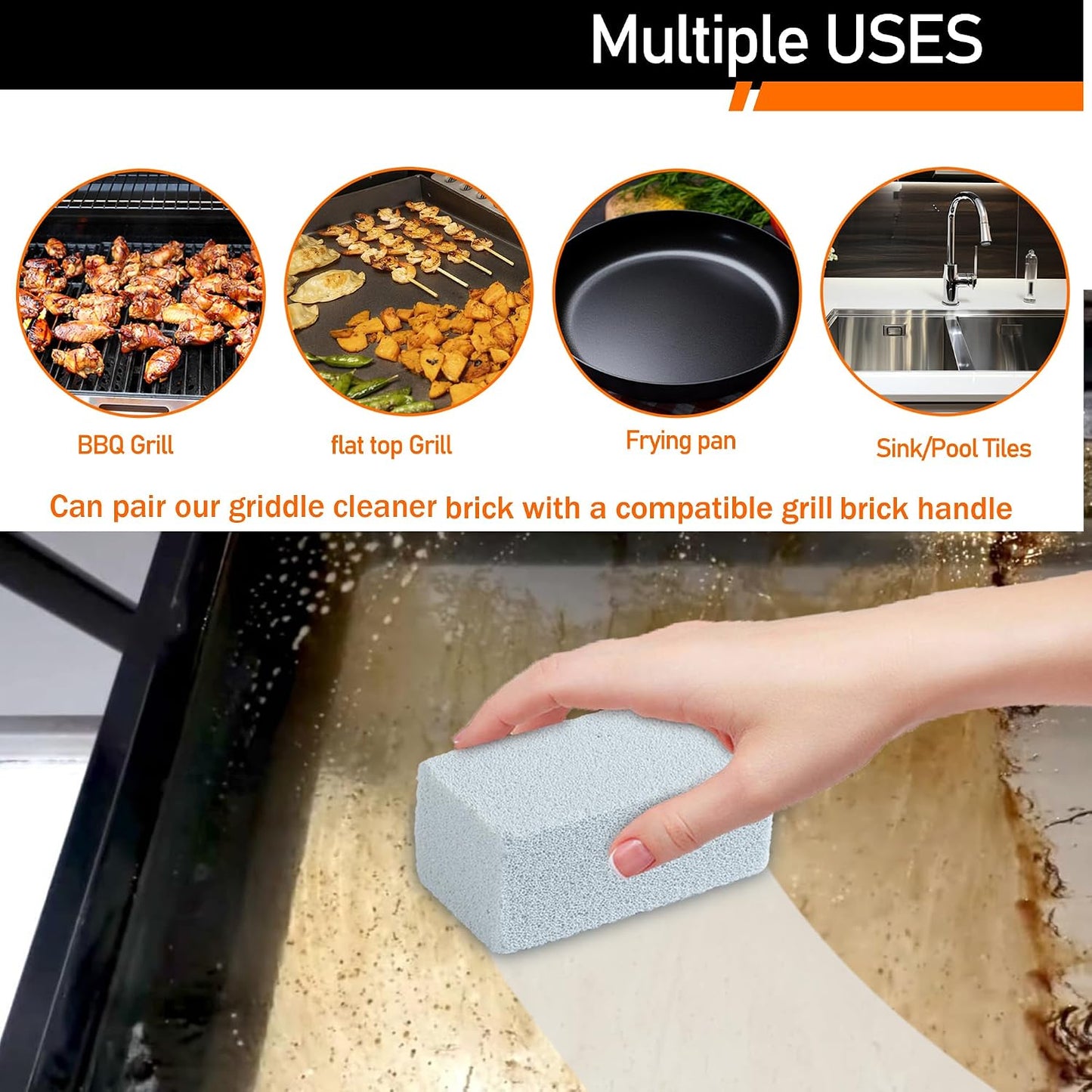 Heavy Duty Griddle Cleaning Brick with Handle | Grill Cleaner for Cleaning Flat top, Pumice Griddle Cleaning Stone Removing Stains for BBQ, Swimming Pool, Sink(5 Pack)