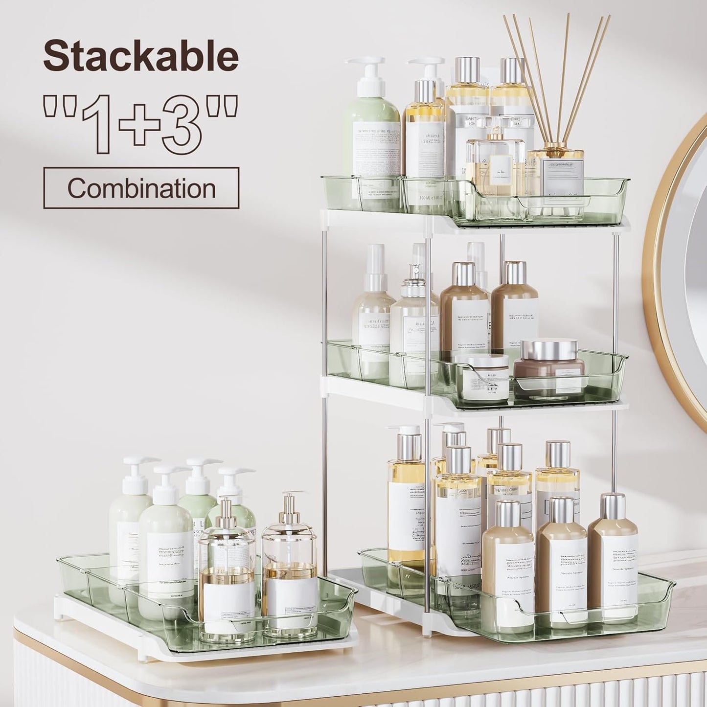 Delamu 2-Tier Multi-Purpose Bathroom Under Sink Organizers and Storage, Stackable Kitchen Pantry Organization, Pull Out Medicine Cabinet Organizer with Movable Dividers, White, 2 Pack