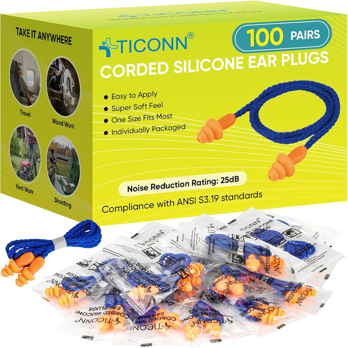 TICONN 12 Pairs Corded Silicone Ear Plugs for Noise Reduction, 25 dB NRR