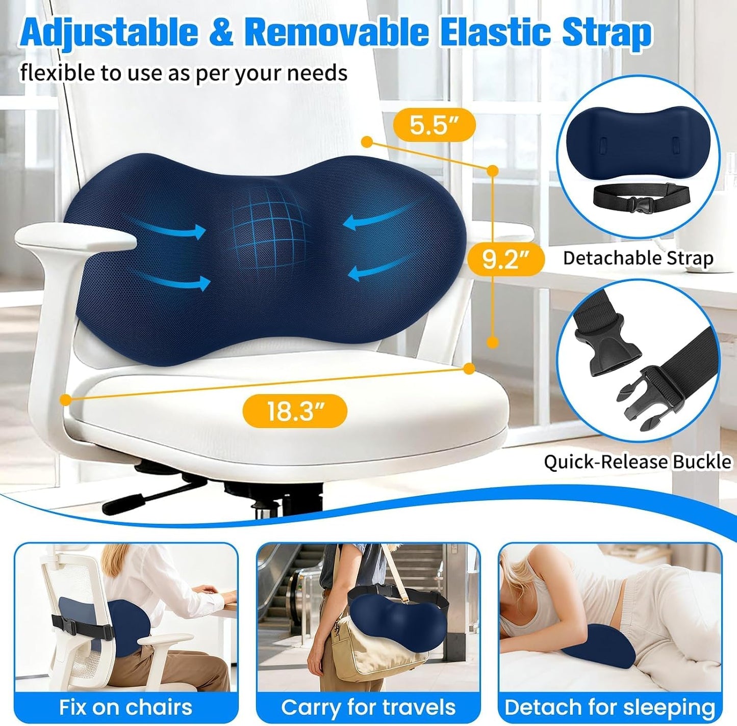 SweetSlubr Lumbar Support Pillow for Office Chair, Back Support, Black | Memory Foam with Breathable Cover. Adjustable Strap Fits Office, Gaming & Car Chairs for Everyday Comfort.