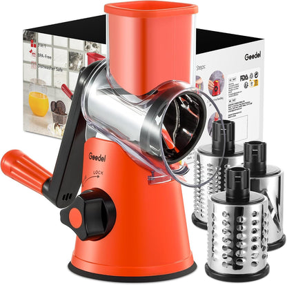 Geedel Rotary Cheese Grater, Kitchen Mandoline Vegetable Slicer with 3 Interchangeable Blades, Easy to Clean Rotary Grater Slicer for Fruit, Vegetables, Nuts | 3 Blades, 430 Stainless Steel, 12x Fast Cutting, Strong Suction Base, No BPA, Dishwasher Safe,