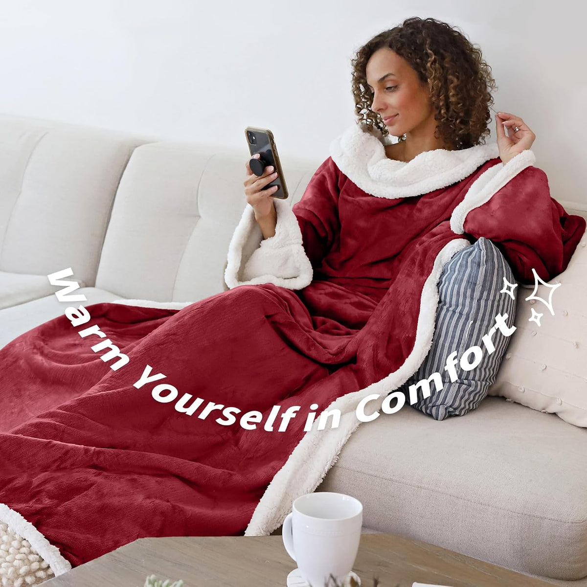 Catalonia Sherpa Wearable Blanket with Sleeves and Pocket for Adults