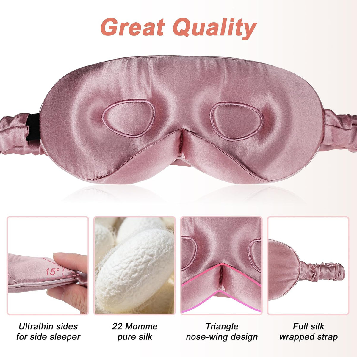 VOCOSTE 3D Silk Sleep Mask with Travel Pouch, Bean Pink
