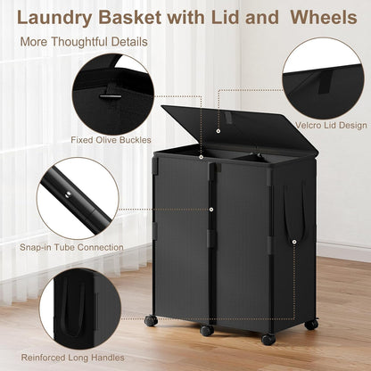140L Double Laundry Hamper with Lid and 6 Wheels, Rolling Laundry Basket | Gasvadivum Metal Frame Laundry Sorter 2 Section with 2 Removable Bags, Large Clothes Cart for Bedroom, Bathroom, Black