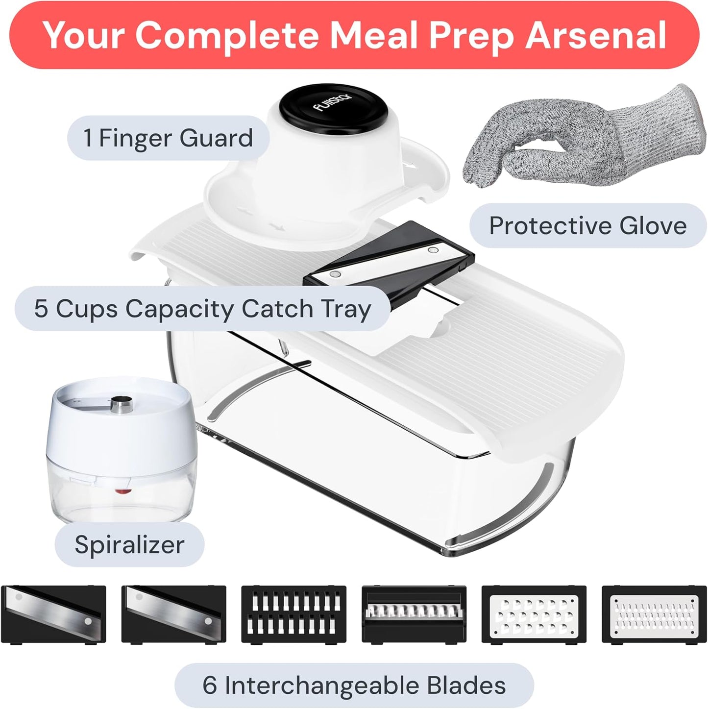 Fullstar Pro Mandoline Vegetable Slicer, Grater & Spiralizer with Container | 6 in 1 Fruit Cutter, Cheese Grater & Spiralizer with Safety Gloves, Stainless Steel Blades & Container (Black)
