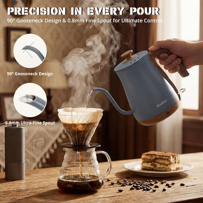 Gooseneck Electric Kettle, 0.8 L, 1000 W, Auto Shut-Off, Light Green | Compact 0.8 L Kettle With Stainless Steel Interior, Gooseneck Pour, Wood-Grain Handle, Auto Shut-Off And Boil-Dry Protection