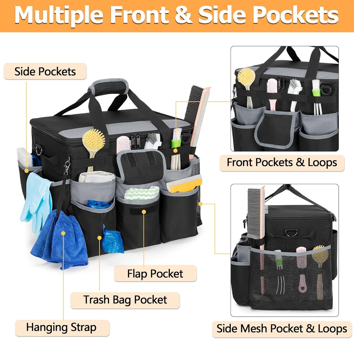 HODRANT Large Rolling Cleaning Caddy with Detachable Trolley & Lid | Cleaning Cart on Wheels with Shoulder Strap & Handles, Cleaning Supplies Organizer with Multi Pockets for Clean Tools Storage
