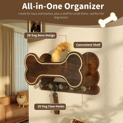 MTERSN Dog Leash Holder for Wall with Key Hooks for Dog Gear Storage, Brown | 3D Puppy Paw Hooks, Doggie Bone Shape, Key Rack with 5 Hooks, Wall Shelf for Treats & Dog Food, Ideal for Wall Decor