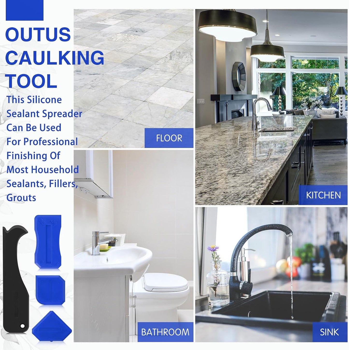 Outus 4 Pieces Silicone Caulking Tool Set Sealant Finishing Grout Scraper Caulking Removal Tool for Kitchen Bathroom Floor Sink Joint Sealant Sealing Home House Renovation, Reuse and Replace (Blue)