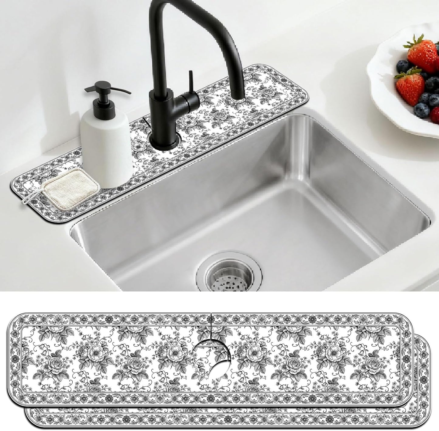 2 Pcs Kitchen Sink Splash Guard Faucet Mat Wood Grain Pattern Faucet Mat for Sinks Natural Wood Color Absorbing Drying Mats for Kitchen Bathroom, 23.6x5.5inch