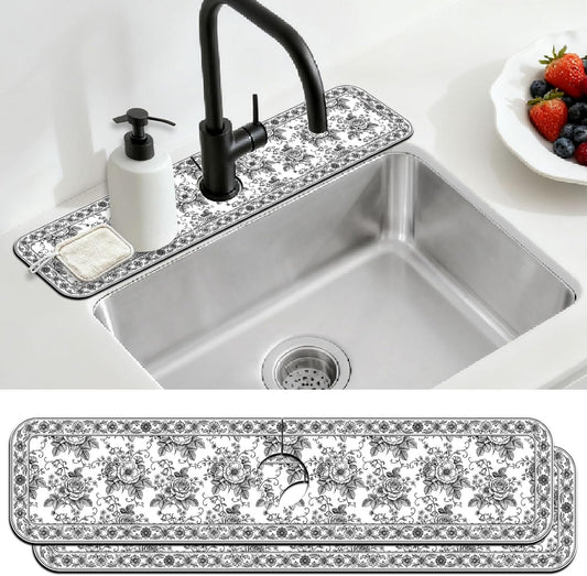 2 Pcs Kitchen Sink Splash Guard Faucet Mat Vintage Green Insects and Plants Faucet Mat for Sinks Absorbing Drying Mat for Kitchen Bathroom, 23.6x5.5inch