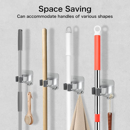 nacena 4 Pack No Drill Self Adhesive Broom Mop Holder Wall Mount with Hooks, Heavy Duty Stainless Steel Organizer for Kitchen Bathroom Garage Storage, Black