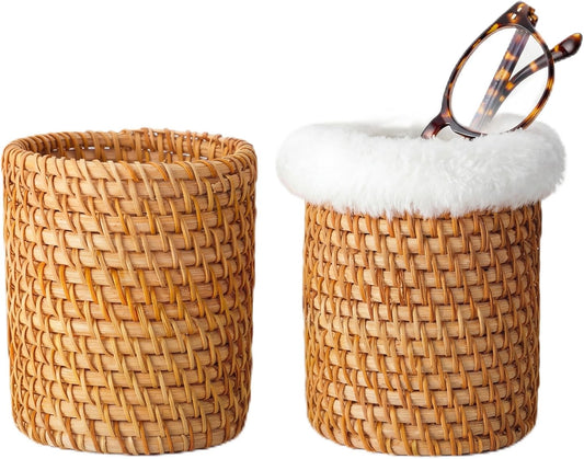 2 Pcs Rattan Glasses Holder for Nightstand, Plush Lined Eyeglass Stand Organizer for Desk Anti-scratch Protective Glass Storage for Multiple Glasses, Office & Home Boho Decor