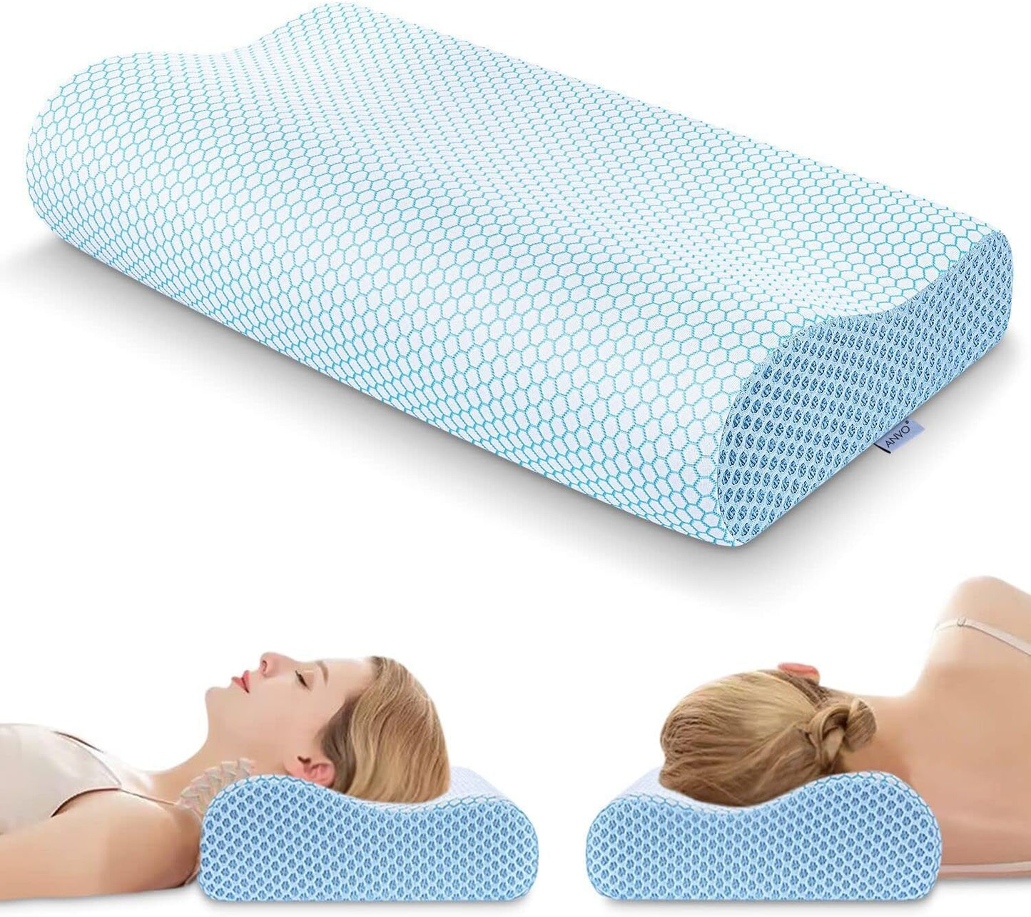 Anvo Memory Foam Pillow, Neck Contour Cervical Orthopedic Bed Pillow for Sleeping Side Back Stomach Sleeper, Ergonomic Design for Neck and Shoulder Pain Relief, Blue White, Firm