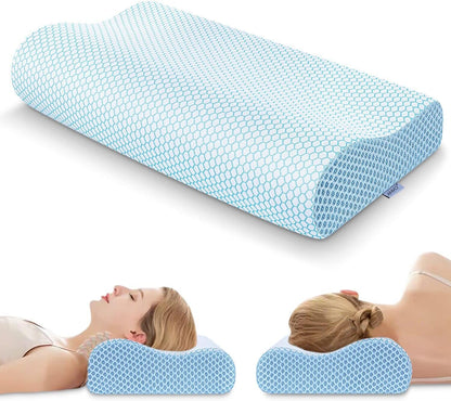 Anvo Memory Foam Pillow, Neck Contour Cervical Orthopedic Bed Pillow for Sleeping Side Back Stomach Sleeper, Ergonomic Design for Neck and Shoulder Pain Relief, Blue White, Firm